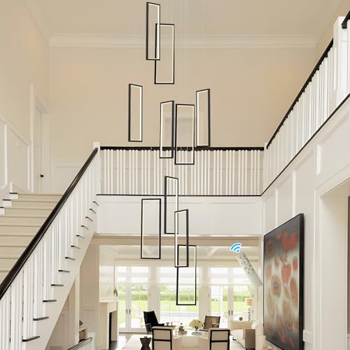 GEADI Modern Staircase Chandelier for High Ceiling, 10-Light Dimmable LED Ceiling Light with Remote, Large Pendant Adjustable Height Light Fixture for Foyer Living Room