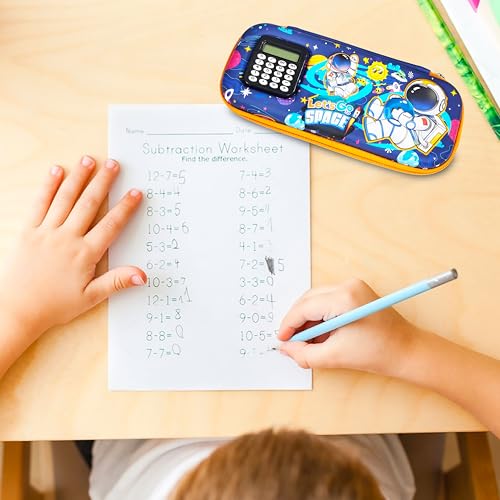 Image of VGRASSP Stationery Pencil Pouch for Kids with Mini Calculator - Space Theme Zipper Case with Multi Storage Compartments - School Supplies Organizer - Multicolor