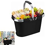 21L Faltbar Einkaufskorb,Picknickkorb,Tragekorb mit gepolstertem Griff,ideal für Einkaufen,Picknick und Reisen(Schwarz)
