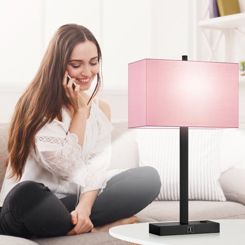 Image of Lynnoland 21 inch Set of 2 Table lamp with USB A+C & AC Outlets, Touch Control 3-Way Dimmable Nightstand Lamps for Bedroom Living Room Office Reading, Pink Shade Touch Lamps, 5000K LED Bulbs Included