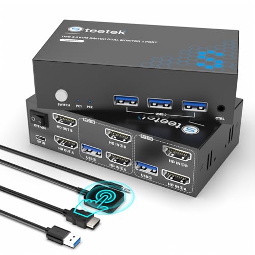 USB 3.0 HDMI KVM Switch 2 Monitors 2 Computers, 4K@60Hz KVM Switches for 2 Computers Sharing...