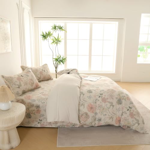 Image of Story@Home King Size Bedcover Set | 400 TC Microfiber Bedding Set with 1 Duvet Cover 1 King Bedsheet 270 x 250 cm & 2 Pillow Covers | Soft Durable Duvet Cover Set Floral Pattern | Beige Pink