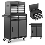 HOMFME Rolling Tool Cabinet, 2 in 1 Detachable Tool Chest with Drawers, Wheels, Hooks, Side Handle, Lockable Metal Tool Box Cart Trolley for Garage Workshop (Black+Grey)