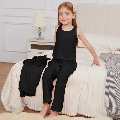QPANCY Girls 3 Pieces Pajamas Kids Casual Loungewear Open Front Coat Tank Top Pants Pjs Set4