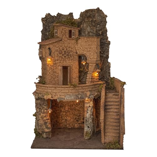 Presepe Completo 1 Casa e Grotta su 2 Piani , Presepe Napoletano in Sughero con Impianto Luci per pastori 8/6cm, Artigianato Made in Italy 100% Sughero