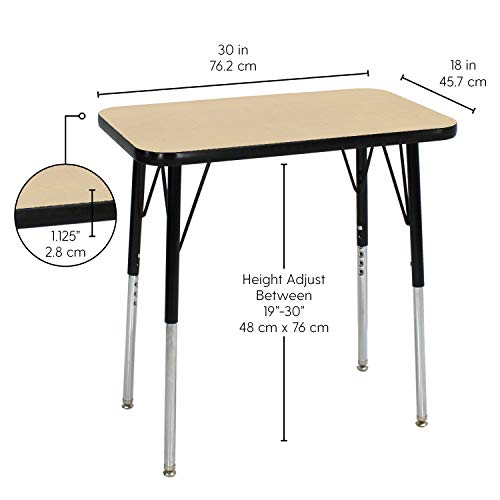 Image of FDP Rectangle Single Student Activity Table (30 x 18 inch), Standard Swivel Glide Legs, Adjustable Height 19-30 inches For Social Distance, Virtual In-Home, Classroom Learning - Maple Top /Black Edge