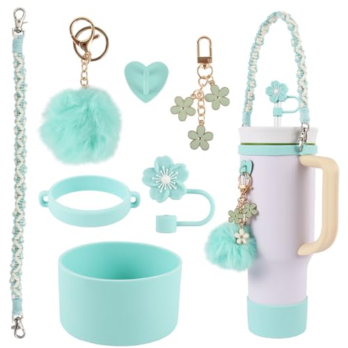 AAUP Cup Accessories Set Includes Water Bottle Holder Straw Cover Silicone Boot Pompom Ball Daisy key-chain Compatible with Stanley Cup16oz 24oz and 40oz (TF blue)