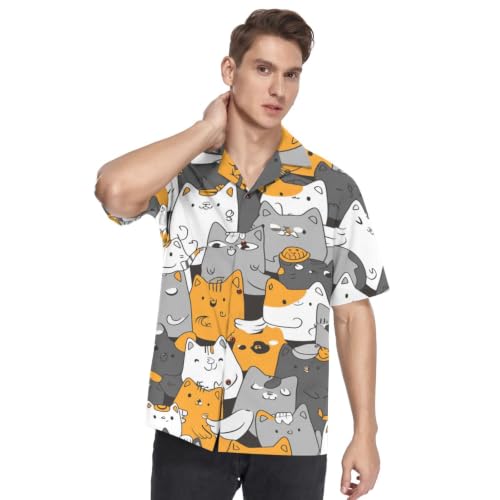 Chemise hawaïenne homme imprimé chats gris orange au design funky et coupe décontractée moderne