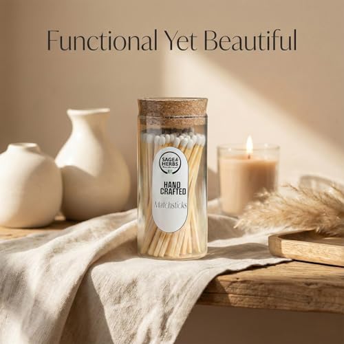 Image of Sage & Herbs Long 65 White Matchsticks in a Borosilicated Cork Jar with Striker| for Fireplace, Kitchen, Home Temple | Extra Long Burn Time Matchsticks | Matchbox Aesthetic