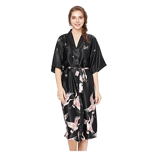 Sleep Dress Loungewear Women Kimono Robes Long Length Crane Printed Robe Black US S