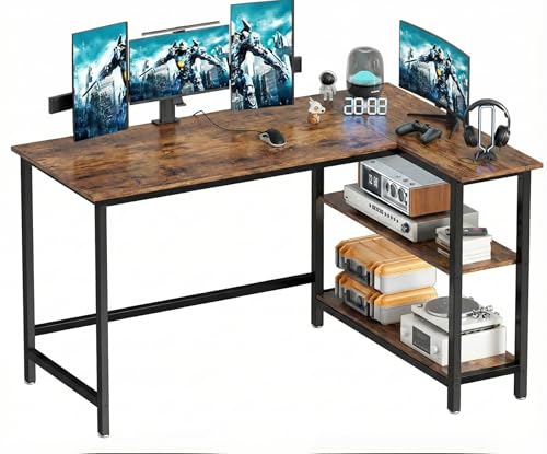Image of L Shaped Reversible Desk| Gaming Table, Computer Corner Desk, Home Office Writing Desk with Shelf, Space-Saving Workstation Table| 130x90x75 cm| Rustic Brown