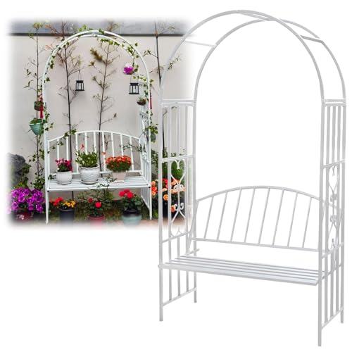 Generisch 2 m Gartenbogen mit Bank,Metall Rosenbogen mit Sitzbank,Torbogen Rankhilfe für Kletterpflanzen,Rankbogen für Garten,2-Sitzer Rankgitter Bank Spalier Pergola für Rasen Terrasse(Weiß)