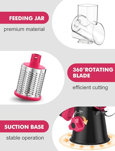 Image of Cheese Grater Rotary, Rotary Grater for Kitchen, Kitchen Vegetable Slicer with 3 Drum Blades, Fast Cutting Cheese Shredder for Vegetables and Nuts (Black+Rosy, 3 BLADES)