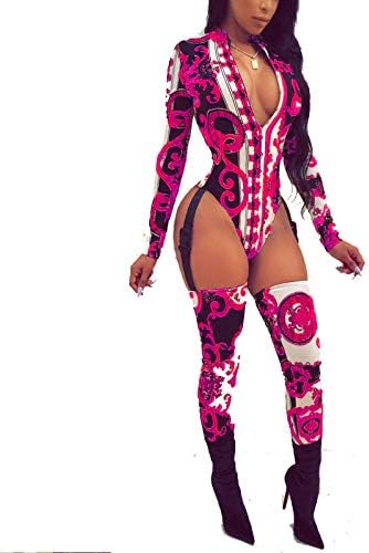 SprifloralWomen's Deep V Neck Long Sleeve Gold Printed Hollow Out Bodycon Jumpsuits Romper Clubwear