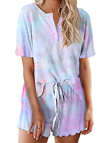 Image of Ekouaer Pajamas Set for Women Short Sleeve Lounge Set 2 Piece Loungewear PJs Soft Cute Lightweight Sleepwear