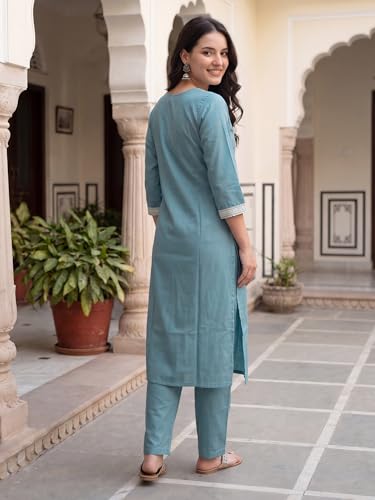 Image of INDO ERA Women's Silk Blend Geometric Embroidered Thread Work Kurta & Pant Set | Co Ord Set For Women Stylish