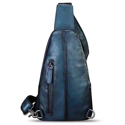 Image of Genuine Leather Sling Bag Embossed Crocodile Pattern Leather Crossbody Sling Backpack Handmade Chest Purse Daypack (Navy Blue)