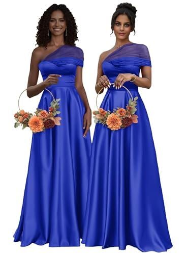 Satin Bridesmaid Dresses One Shoulder Long A Line Pleated Formal Gown for Women NG604