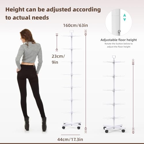 Image of Retail Display Racks 7 Tier Spinning Display Stand, Movable Shop Spinner Rack with Hooks, Retail Display Stand for Jewelry Keyring Hats Socks Toys (White)