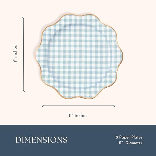Image of Bonjour Fete Elegant Light Blue Gingham Paper Party Dinner Plates | Large Disposable Size for Baby Showers, Spring Parties & Birthday Celebrations | Premium Supplies & Decorations | Pack of 8, 11 inch