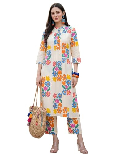 Image of INDO ERA Women Cotton White Printed Straight Kurta Pant Set