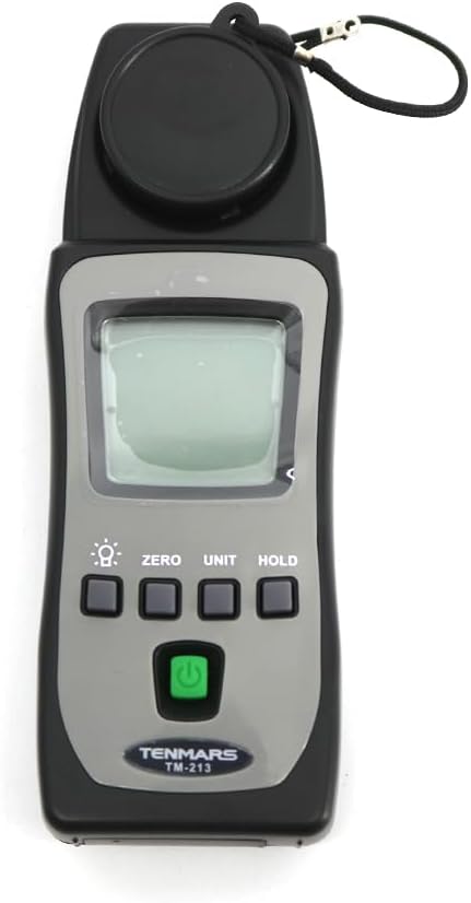 Angled view of the TENMARS TM-213 UVAB Light Meter highlighting the ergonomic design and button layout.