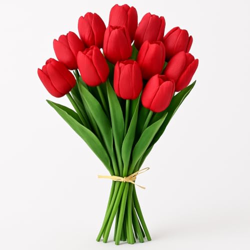 Image of Pink Olive Tulip Flowers Bunches | for Home Decor | Living Room, Corner Table, Bedroom, Wedding Party Decor, Gifting | Real Like Feel, Artificial Flower | Bunch of 05 (Red Tulip)