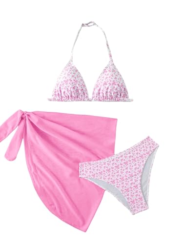 Image of SOLY HUX Girl's Summer Swimsuit Set Floral Halter Triangle Bikini Set with Wrap Skirts Beachwear