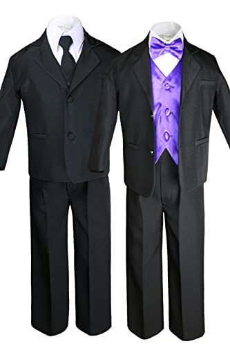 7pc Boys Black Suit with Satin Purple Vest Set (S-20) (8)