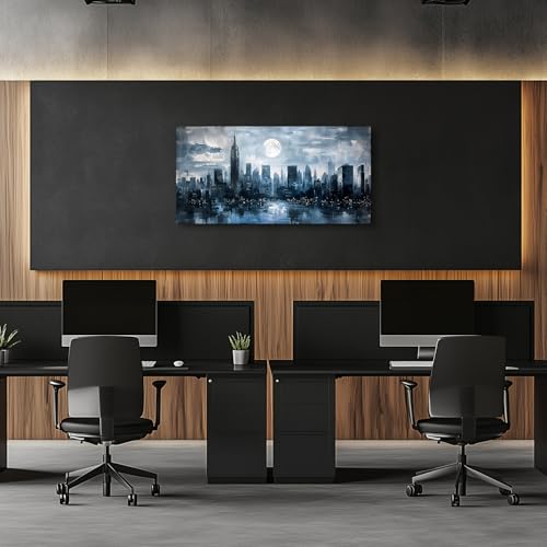 SERIMINO New York City Wall Art, Modern Urban Abstract Large Artwork, Moon Night Landscape Canvas Painting, Blue Impressionist Pictures Wall Decor Living Room Bedroom, Office Art Prints 20X40 Inch