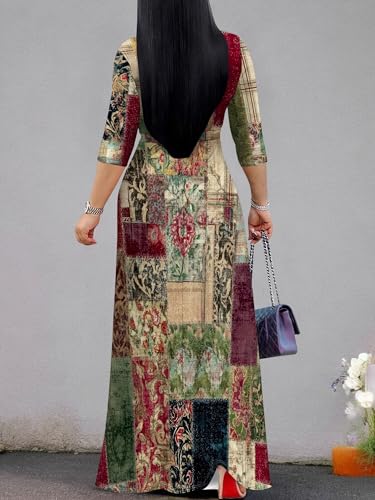 Image of Women's Plus Size Maxi Dresses Long Sleeves V Neck Floral Print Bohemian Swing Long Dress with Belt