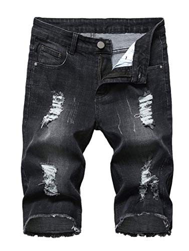 Grimgrow Long Shorts for Men, Casual Slim Fit Short Jeans Destroyed Knee Length Hole Ripped Denim Shorts Black 42