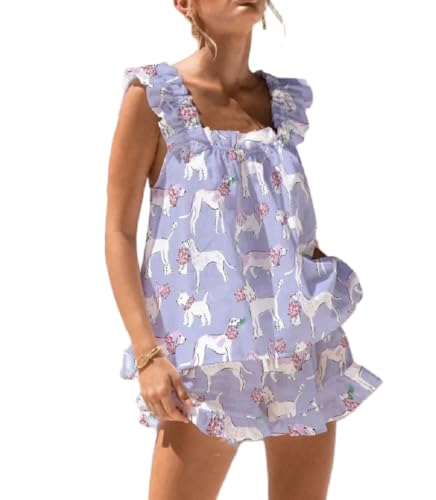 Image of ROAONOCOMO Women Floral Pajama Set Ruffle Babydoll Cami Top Coquette Pj Set Gingham 2 Piece Shorts Outfit Bridal Loungewear
