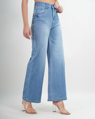 Image of Women's High Waist Wide Leg Jeans, Light Blue Denim, Stretchable Relaxed Fit