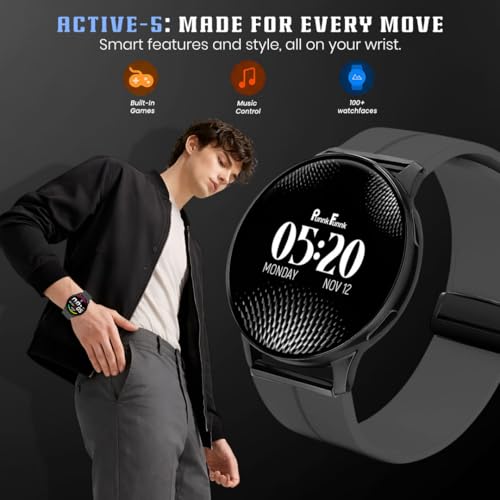 Image of PunnkFunnk Active 5 Smart Watch with 1.3 inch AMOLED HD Display | Bluetooth Calling, AI Voice Assistant, 100+ Sports Modes, Heart Rate & SPO₂ Tracking, IP68 Waterproof for Men & Women- (Dark Grey)