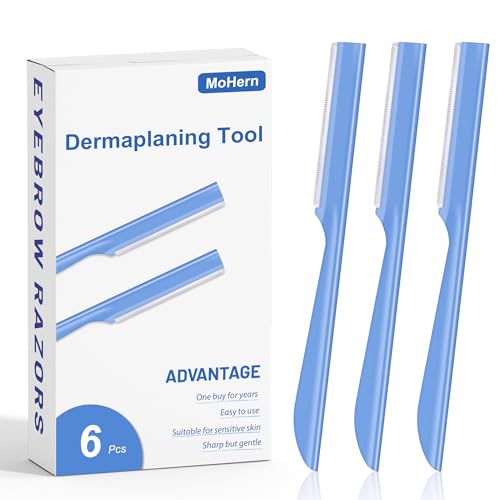 Straight Edge Razor, 6 Pcs Facial Razor for Men, Stainless Steel Face Dermaplaning Razor, Mustache and Beard Shaping Tool, Travel Razor with Anti-slip Handle (Blue)