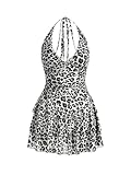 BEAUDRM Women's Y2K Leopard Print Halter Dress Sexy Ruched Tie Backless Tiered Layer Mini Dresses Cheetah Mesh Ruffle Dress