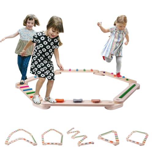 Sinbide Holz Kleinkinder Schwebebalken, Balancierbalken mit farbigen Hindernissteinen, Balance- und Sinnestraining, Holz-Balance-Board für Kinder, Spielzeug Indoor & Outdoor