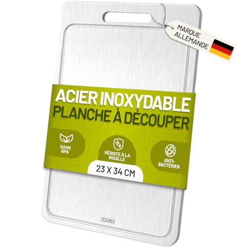 Premium Planche a decouper inox 34 × 23 cm antibactérienne sans microplastiques – compatible lave-vaisselle, sans BPA et inodore, avec rigole à jus + 4 autocollants...