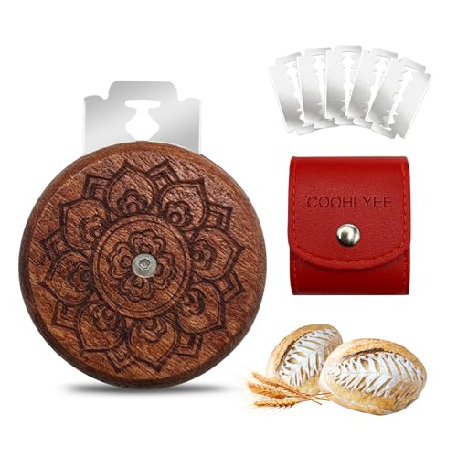 COOHLYEE Bread Knives Sourdough Scoring Tool,Wooden Lame Bread Scoring Tool with 5 Razor Blades and Leather Storage Cover,UFO Bread Lame Dough Scoring Tool for Bread Baking(Lotus)