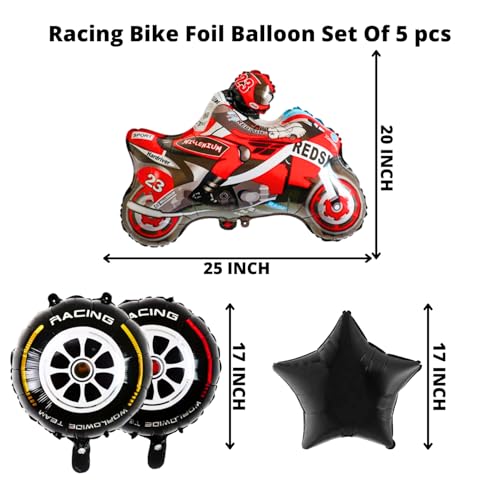 Image of Party Decorz Racing Bike Foil Balloon Set (1 Racing Bike Foil Balloon+ 2 Black Star Foil Balloons+ 2 Bike Wheels Round Foil Balloons) Perfect Racing Theme Decoration Balloon Set