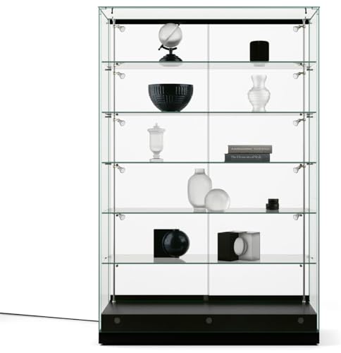 Displays2go Retail Display Cabinets with Lights, Tempered Glass Shelves, MDF Base – Clear, Black (GTEC48LEDB)