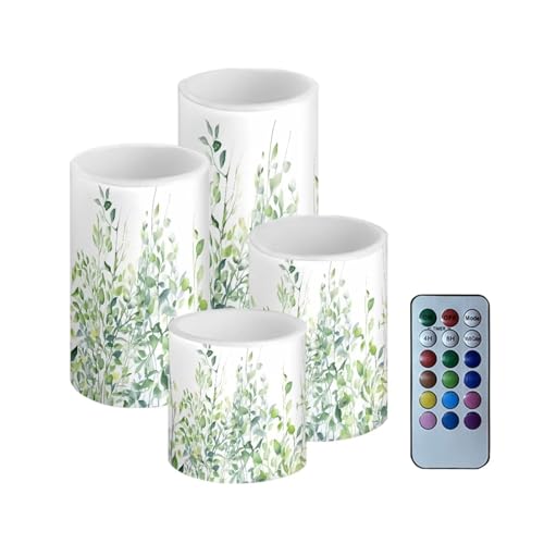 Image of Flameless Light Candles 4 Pack Battery Operated with Color Changing Timer Remote Control Fake Pillar Candles Tealights Beach Wedding Home Indoor Decor, Leaf Green White