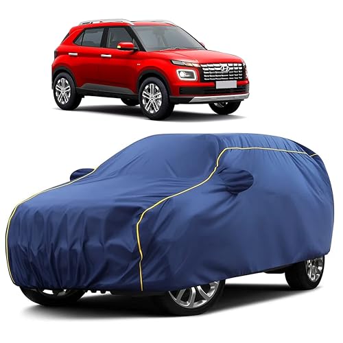 Image of Sulfar 100% Water Resistant Car Body Cover Compatible with Mirror for Hyundai Venue (Triple Stitched, Full Bottom Elastic, Blue Taffeta with Yellow Piping)