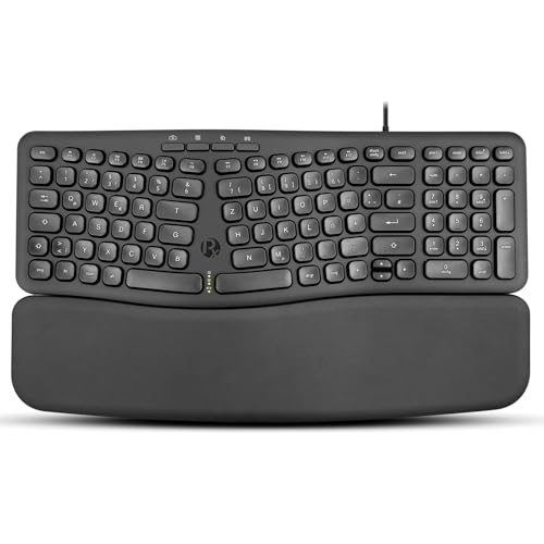 Perixx PERIBOARD-536B Teclado ergonómico Compacto con Puerto USB, Bloque numérico Integrado, reposamuñecas Desmontable, Escritura silenciosa, 417 × 238 × 29 mm, Negro, diseño alemán QWERTZ