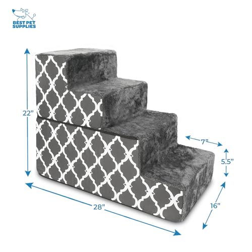 Image of Best Pet Supplies Dog Stairs & Steps - Foam Steps for Small Dogs & Cats, Non-Slip Indoor Balanced Pet Step Support, Dog Ramp, No Assembly, Gray Lattice Print, Foldable 4-Step (22-inch Height)