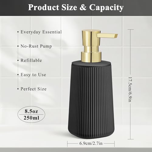 Image of Black and Gold 2 Pack Hand Soap Dispensers Set with No Rust Pump for Bathroom and Kitchen Countertops Refillable Matte Striped Plastic 8.5 oz
