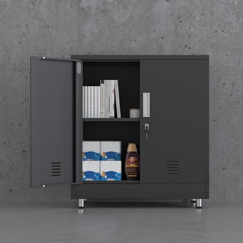 JINGUR Aktenschrank Büroschrank Lagerschrank Metallschrank Stahlschrank, Abschließbar Mehrzweckschrank Kleiner Schrank Buffetschrank Flurschrank (Schwarz)