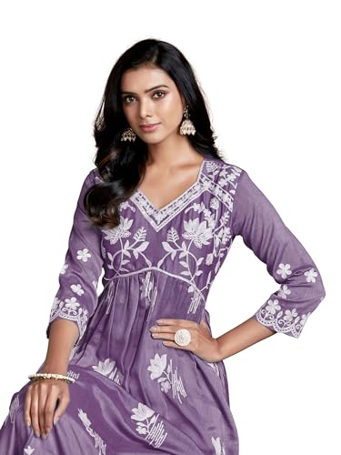 Image of EthnicJunction Women's Silk Blend Regular Fit Chikankari Embroidered Naira Cut Kurta