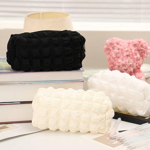 Image of Makeup Bag Checkered Cosmetic Bag Plush Makeup Pouch 1Pcs Large Capacity Makeup Bags Puffer Pencil Pouch Checkered Pencil Case for Teenage Girls (black)